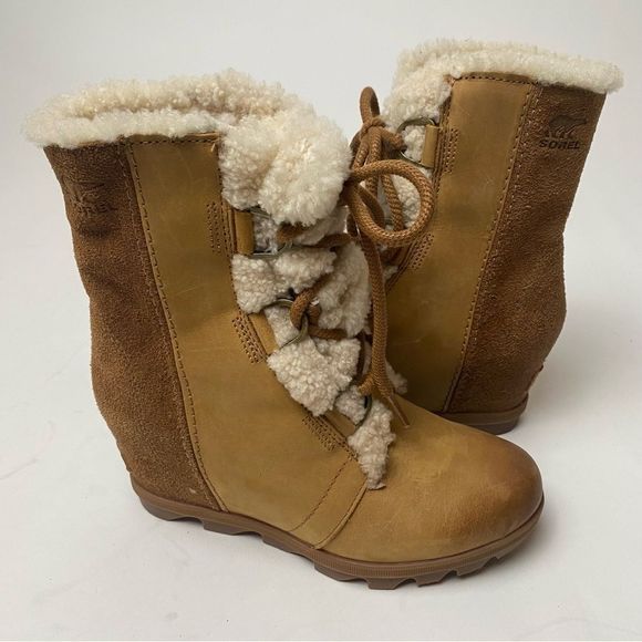 Sorel Joan of Arctic Mid Lace Up Wedge Elk Camel Brown Leather Shearling Lux 7.5 - Picture 1 of 6